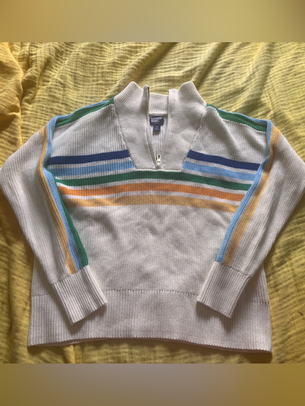 Lands' End Cream Drifter Quarter- Zip Sweater with multicolored stripes